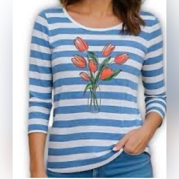 Talbots Blue and White Long Sleeve Tee with Botanical Print - Picture 1 of 7